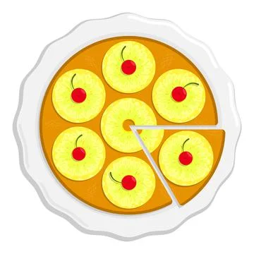 Biscuit cake on plate, fragrant pie with pineapple rings top view. Exotic des 스톡 일러스트