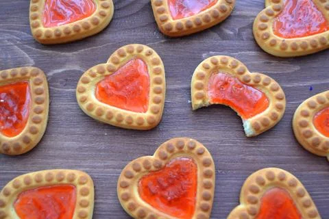 Biscuit sweet cookie background. Relationship concept. Biscuit hearts pattern Stock Photos