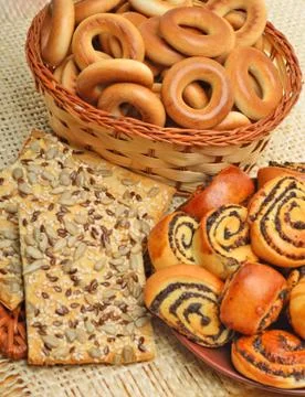 Biscuits. basket. wooden background. Stock Photos