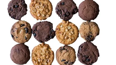 Biscuits of different types and flavors on an isolated white background Stock Photos