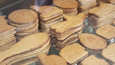 Biscuits display in Dinant bakery Close up Stock Footage 332109396
