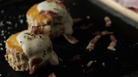 Biscuits Scones Bacon Cheese set on table. Stock Footage 152235562