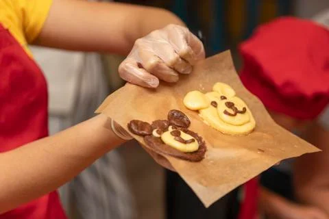 Biscuits in the shape of a bear at a cooking class for children Stock Photos