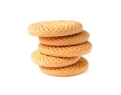 Biscuits, A stack of delicious wheat round biscuits with a few crumbs isolate Stock Photos
