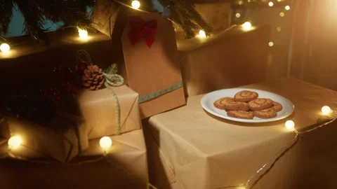 Biscuits under christmas tree in the night Stock Footage 257205862