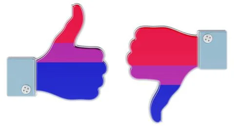 Bisexual flag painted on the hand with thumb up and thumb down. 3D rendering Illustration