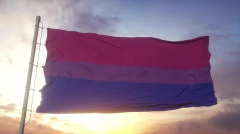 Bisexual pride flag waving in the wind, sky and sun background. 3d rendering Stock Illustration