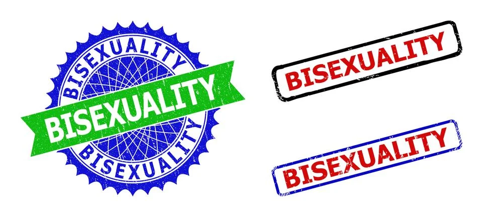 BISEXUALITY Rosette and Rectangle Bicolor Badges with Corroded Styles Stock Illustration