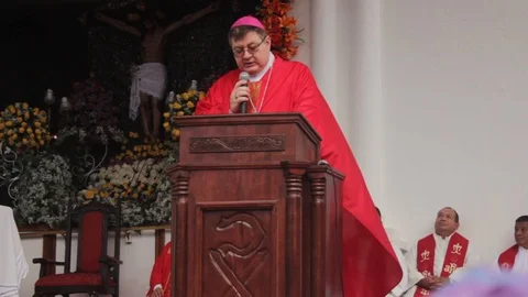 A bishop reading the Bible during an open-air mass Stock Footage 86520101