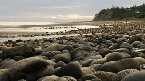 Bishops Beach Rocky Low Angle Low Tide People Playing Stock Footage 11521090
