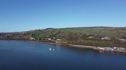 Bishopsteignton, Devon, England: Drone View: River Teign, riverside and boats Stock Footage 168570212
