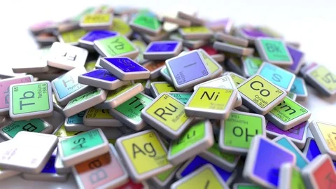 Bismuth Bi block on the pile of periodic table of the chemical elements blocks Stock Footage