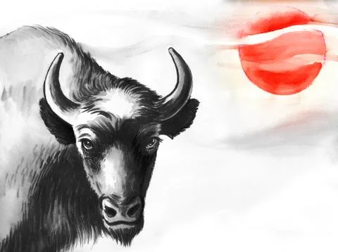 Bison and red sun Stock-Illustration