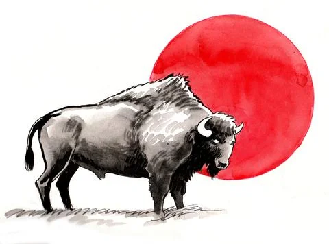 Bison and sun Stock Illustration