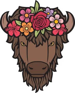 Bison head with flowers Stock Illustration