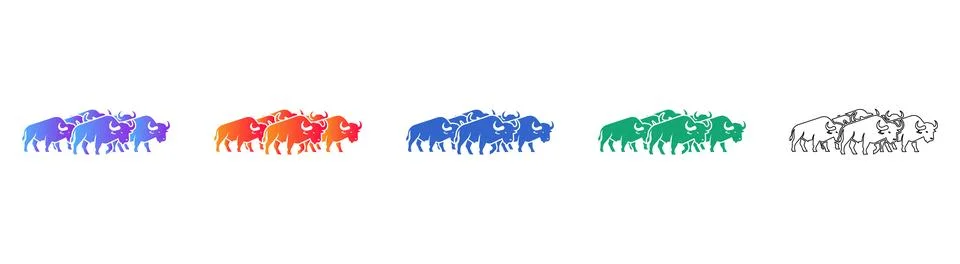 Bison Herd Icons Set in Multiple Styles Stock Illustration