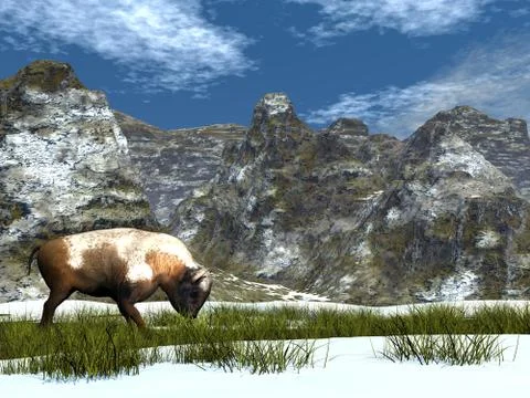 Bison in the mountain - 3D render Stock Illustration
