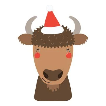 Bison in a Santa Claus hat isolated Stock Illustration