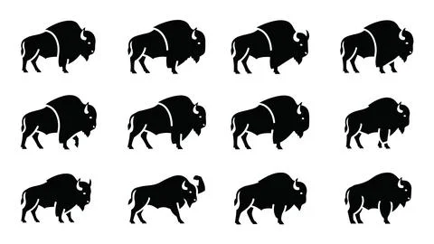 Bison silhouettes in various poses, powerful wild animals, black and white .. Stock Illustration