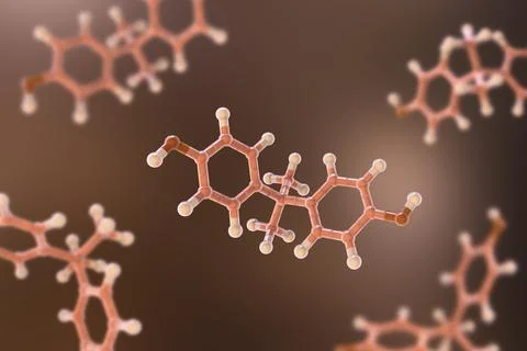 Bisphenol A (BPA) molecule, 3D illustration. Organic compound used in product Stock Illustration