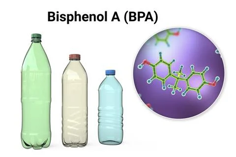 Bisphenol A molecule and plastic bottles, 3D illustration. Organic compound.. Illustrazione stock