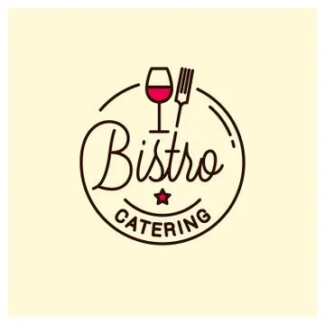 Bistro catering logo. Round linear with wine glass Stock Illustration