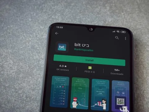 Bit app play store page on the display of a black mobile smartphone on cerami Stock Photos