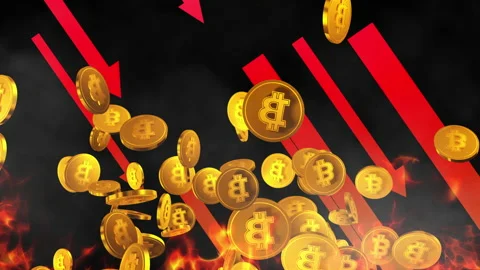 Bit coin particle arrow fall down loop animation Video stock 160554729