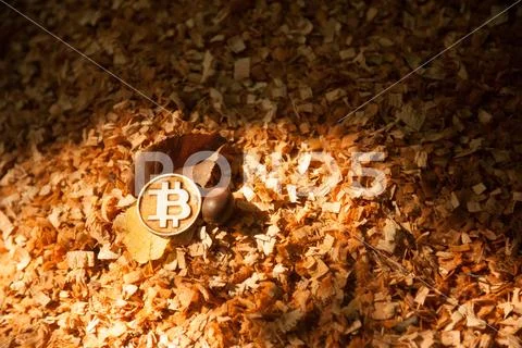 Bit coin on wood chips Stock Photos