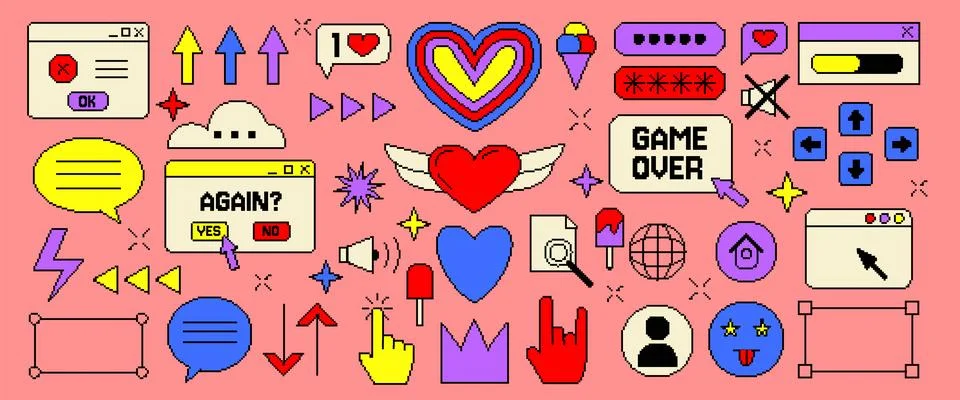 Bit icon. Game pixel element. Technology arrow. Love heart. Retro computer UI Stock Illustration