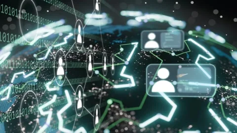 Bit stream starting avatar stack nodes linking panels globe rotating camera Stock Footage 335761697