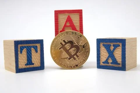 Bitcoin on 3 red blocks that say TAX on a white background. Crypto currency.. Stock Photos
