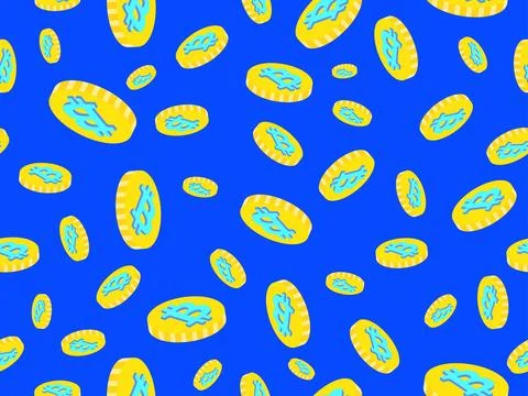 Bitcoin 3D coins seamless pattern. Multi-colored coins with the Bitcoin sym.. Illustrazione stock