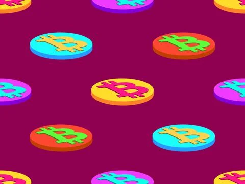 Bitcoin 3D coins seamless pattern. Multi-colored coins with the Bitcoin sym.. Stock Illustration