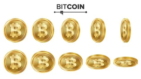 Bitcoin 3D Gold Coins Vector Set. Realistic. Flip Different Angles. Digital Illustrazione stock