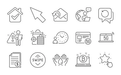 Bitcoin, 5g notebook and Mouse cursor icons set. Swipe up, Recovery data and Stock Illustration