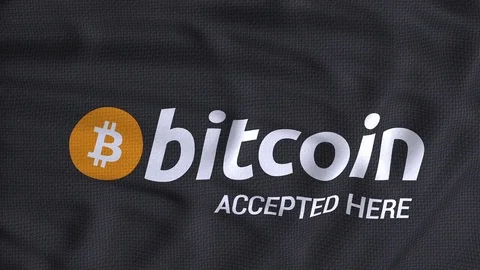 Bitcoin accepted here flag waving logo animation Stock Footage 80862919
