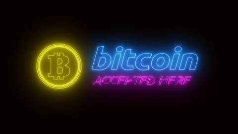 Bitcoin accepted here with neon light effect Stock Footage 314780547