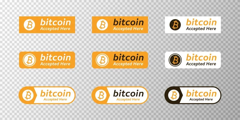 Bitcoin Accepted Here Set of Button Design Cryptocurrency Payment Vector Stock Illustration