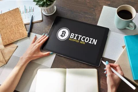 Bitcoin accepted here sign on screen. E-payment, Cryptocurrency and financial 스톡 사진