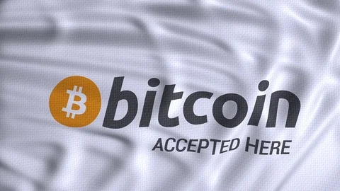 Bitcoin accepted here white flag waving animation logo Stock Footage 80862907