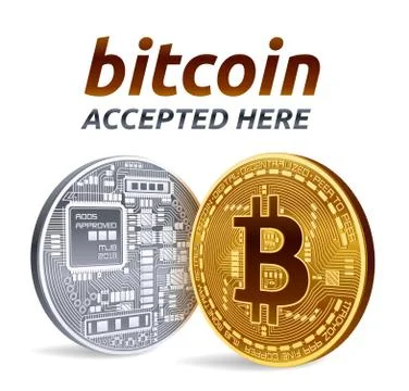 Bitcoin accepted sign emblem. 3D isometric Physical bit coin with text Accepted Illustrazione stock