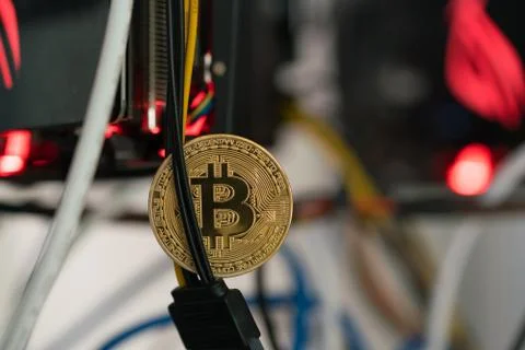 Bitcoin against the background of cables in the rack for crypto-currency mining 스톡 사진