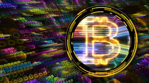 Bitcoin algorithm quantum computer futuristic technology colorful digital lay 스톡 일러스트