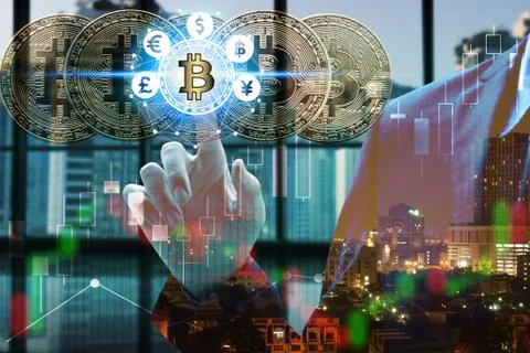 Bitcoin and blockchain digital technology Stock Photos