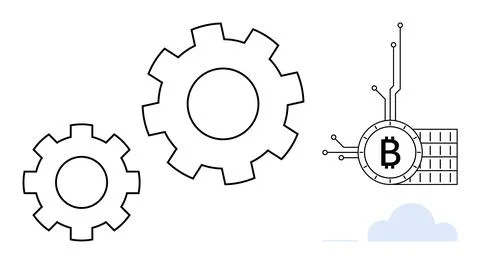 Bitcoin and Blockchain Technology Concept with Gears and Cloud Storage Idea Illustrazione stock