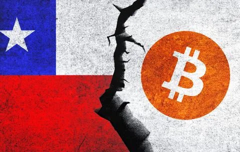 Bitcoin and Chile flag on a wall with a crack. Stock Illustration