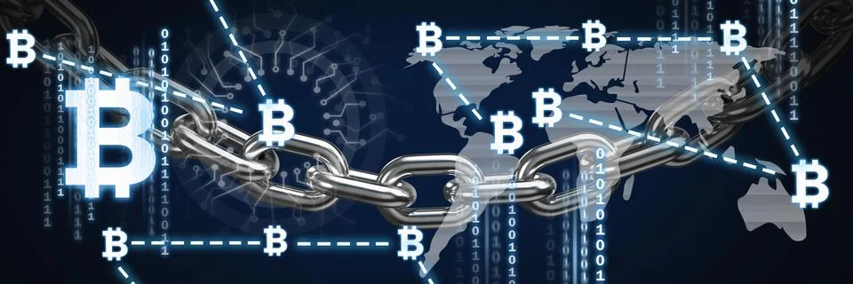 Bitcoin and Code number binary lines over chain Stock Illustration