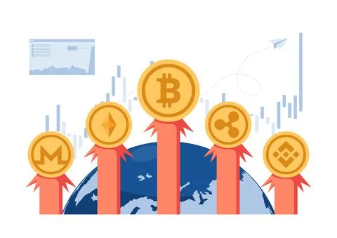 Bitcoin and Cryptocurrency Rocket Flying Out of The World Stock Illustration
