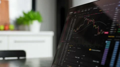 Bitcoin and cryptocurrency volatility. Young woman sits at laptop at home and Stockbeeldmateriaal 219608652